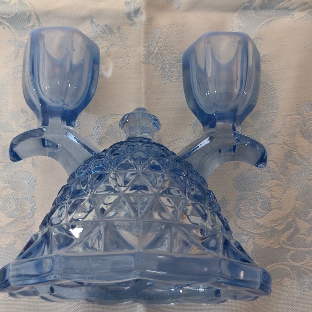 Pair of Vtg Depression Candle Holders Imperial Glass Katy Blu Lace Edge - Picture 8 of 9